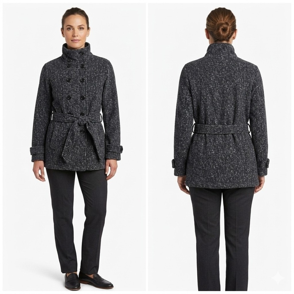 Ike Behar Women's Belted Fleece Jacket Coat Peacoat Gray Black Mottled Size M
